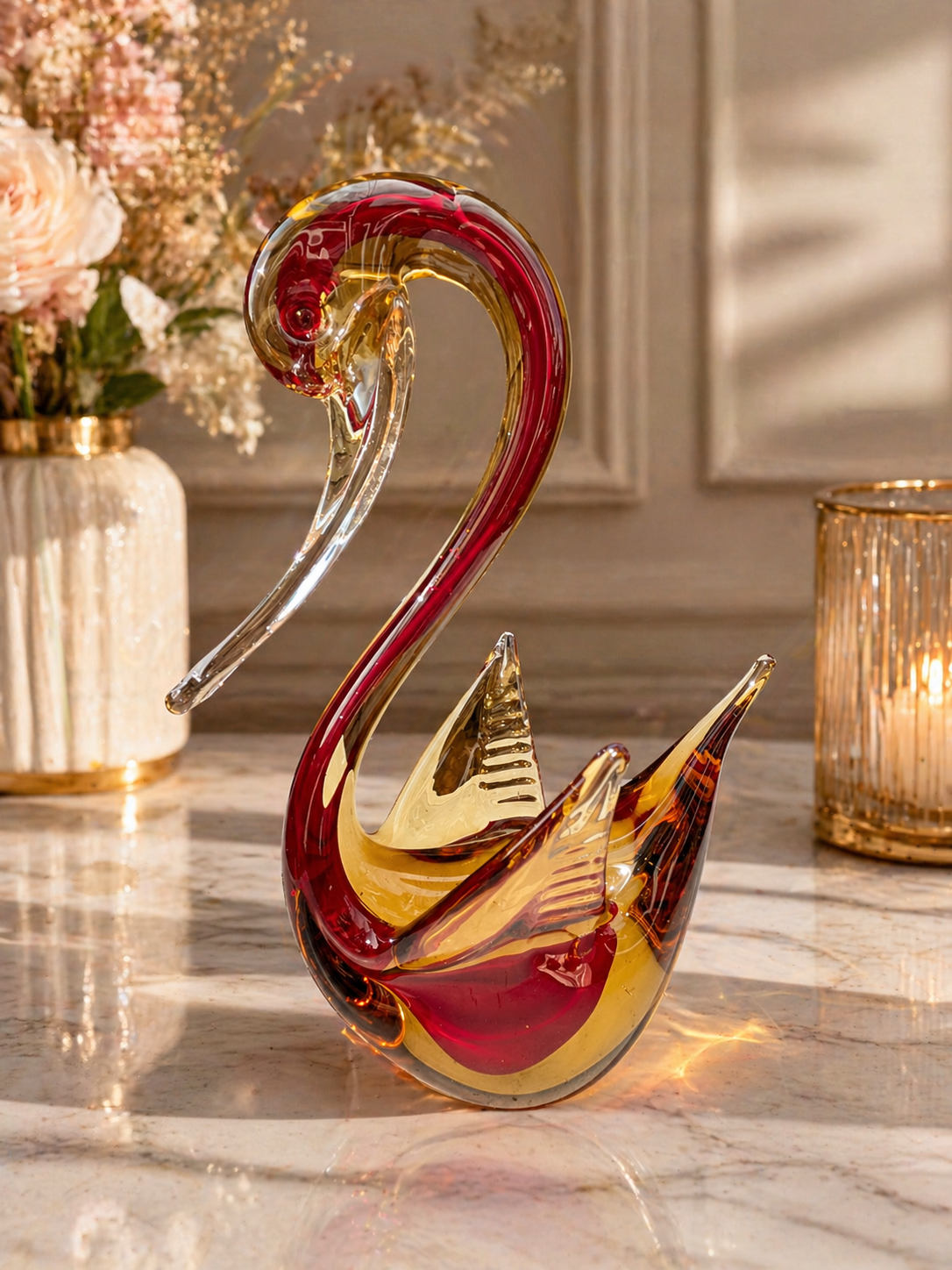 Red and Amber Art Glass Swan Figurine
