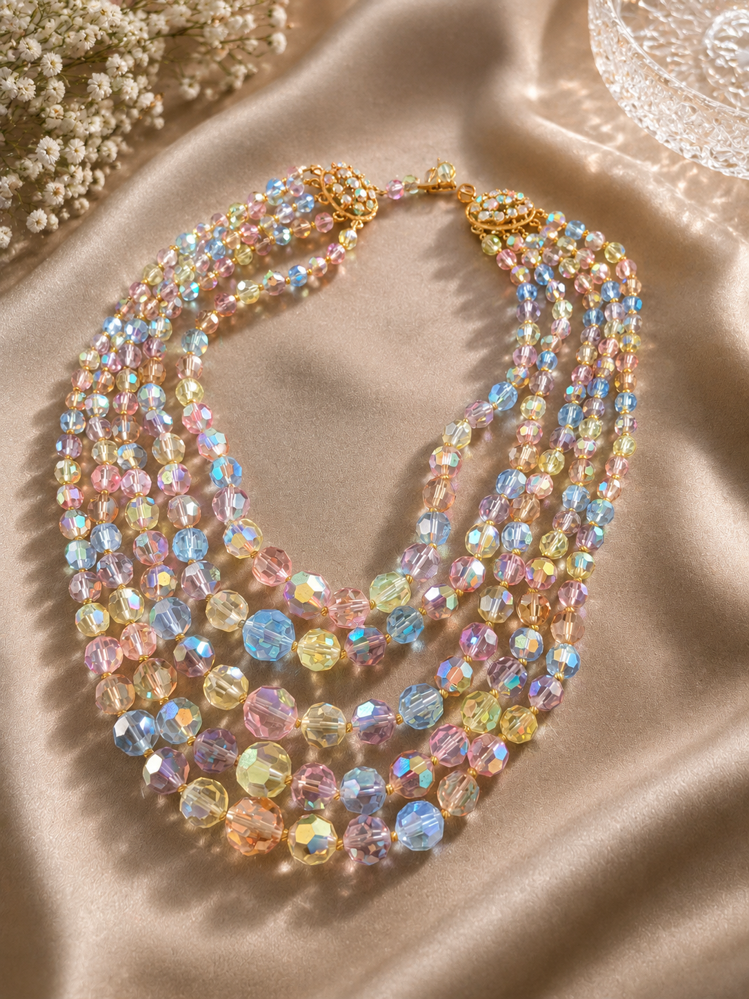 Pastel Aurora Crystal Multi Strand Statement Necklace