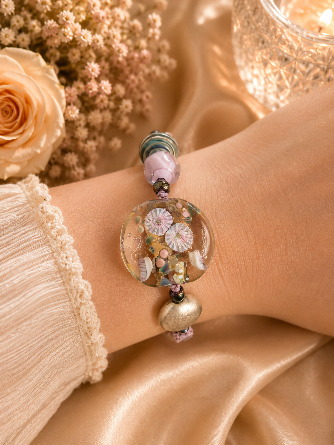 Artisan Glass Disc Bracelet Pastel Floral