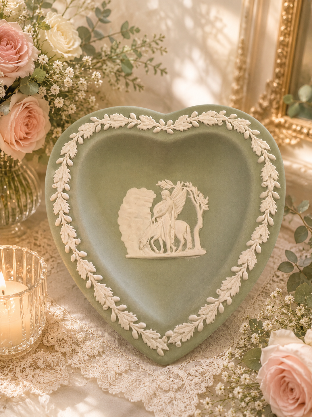 Vintage Wedgwood Sage Green Jasperware Heart Dish