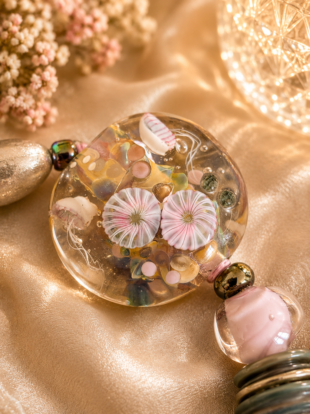 Artisan Glass Disc Bracelet Pastel Floral