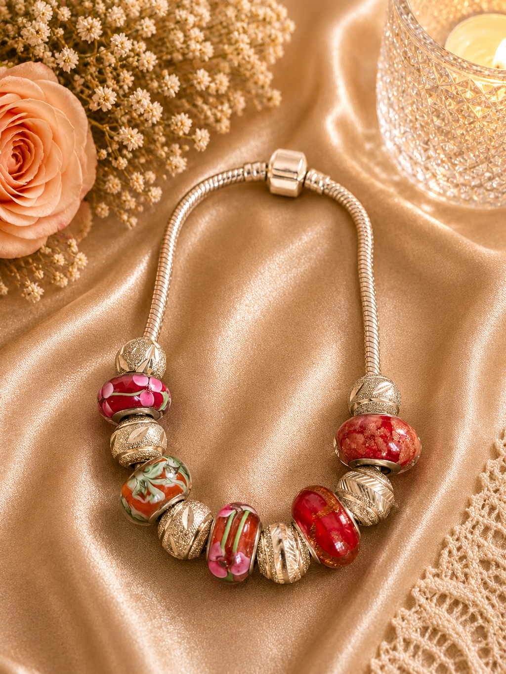 Sterling Silver Pandora Style Charm Bracelet