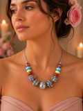 Colourful Murano Style Art Glass Bead Necklace Bold Retro Statement Jewellery