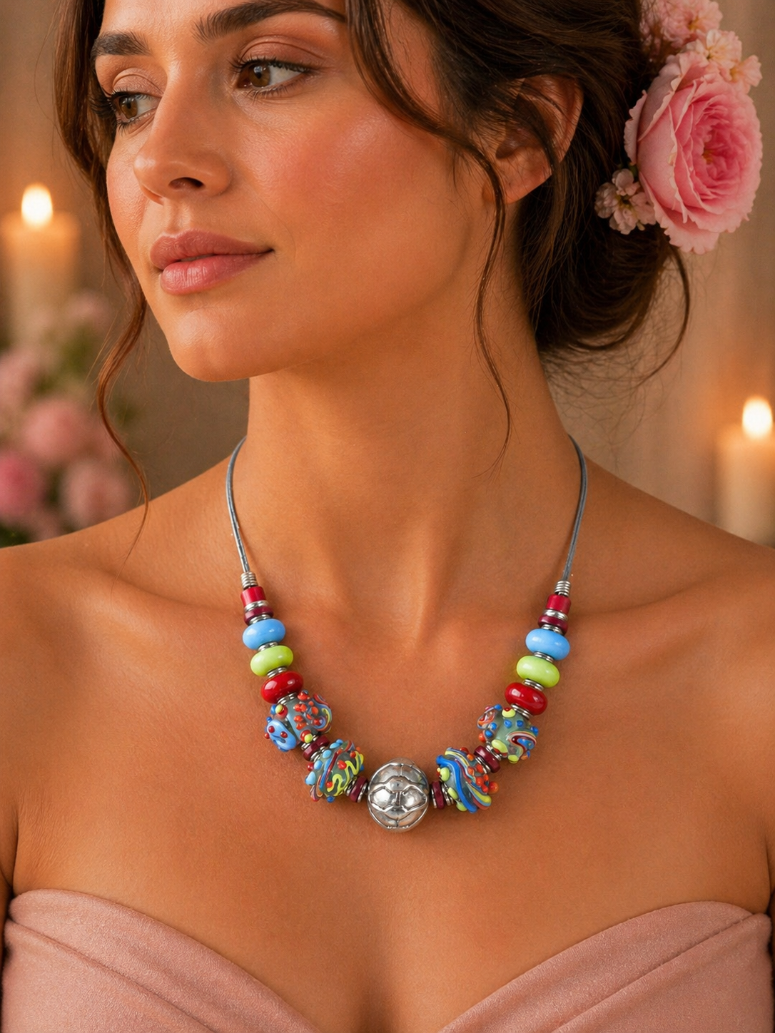 Colourful Murano Style Art Glass Bead Necklace Bold Retro Statement Jewellery