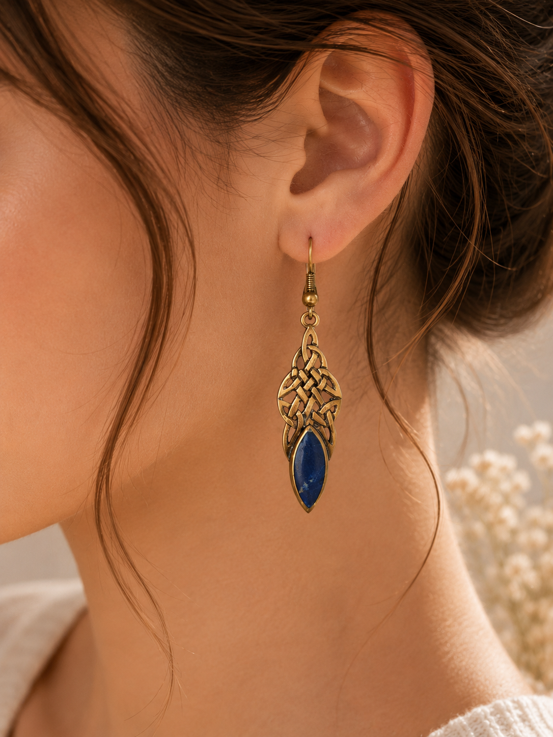 Rose Gold plated Lapis Blue Stone Celtic Drop Earrings