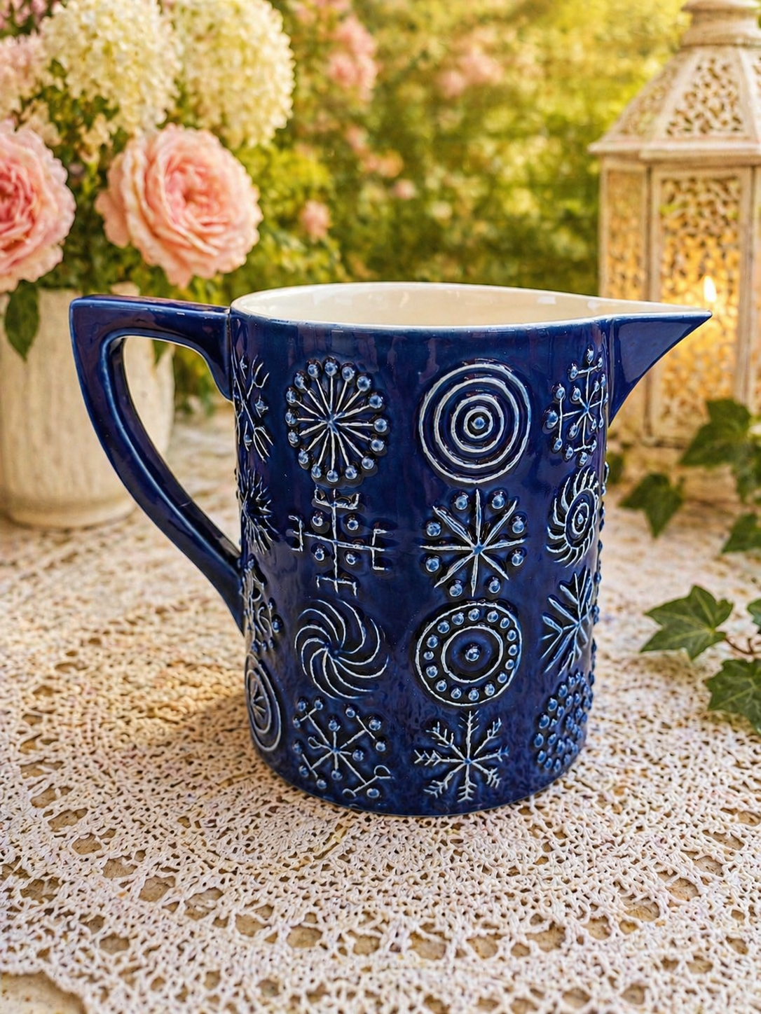 Portmerion Cobalt Blue Relief Pattern Ceramic Jug