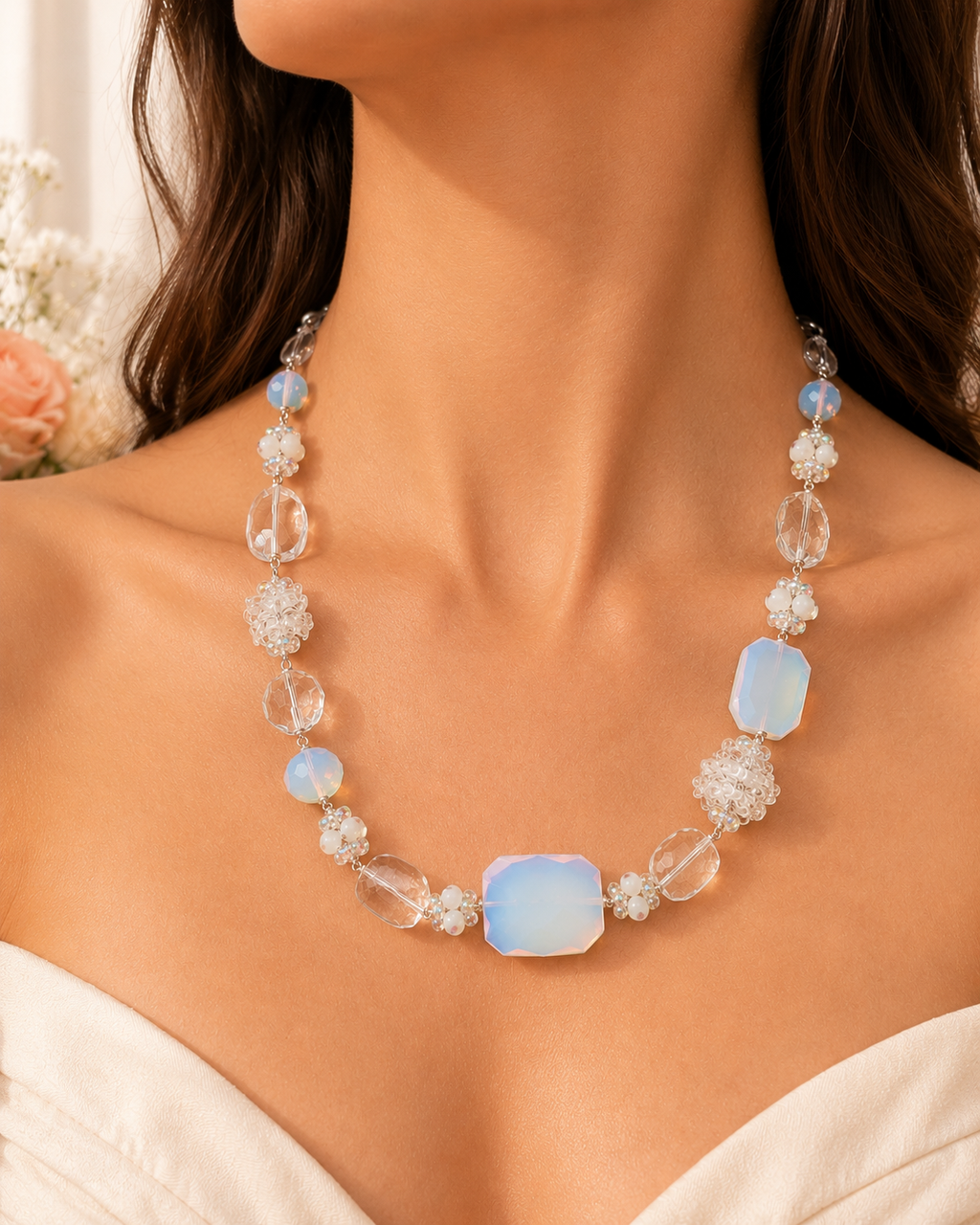Opalescent Blue Beaded Statement Necklace Vintage Style Crystal Necklace