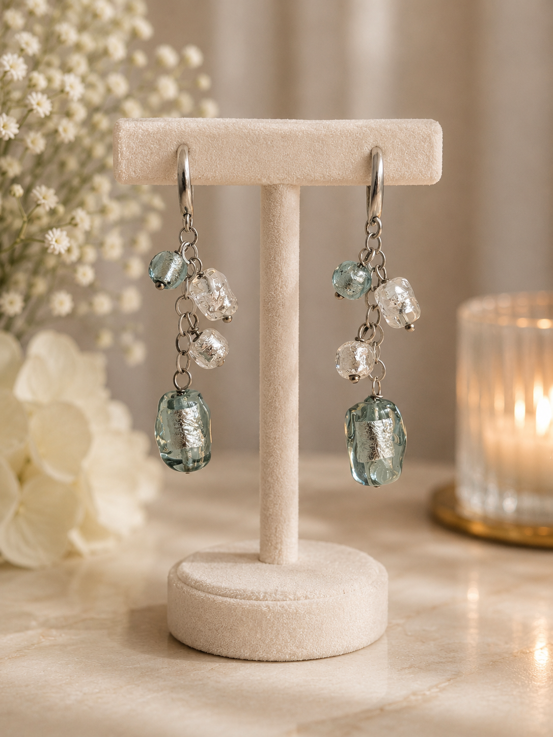 925 Silver Murano Blue Glass Bead Charm Drop Earrings