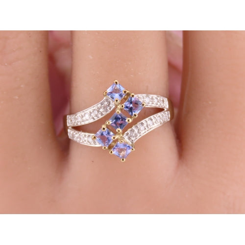 9ct Gold Tanzanite & Diamond Ring – Princess Cut Cluster – Size P½