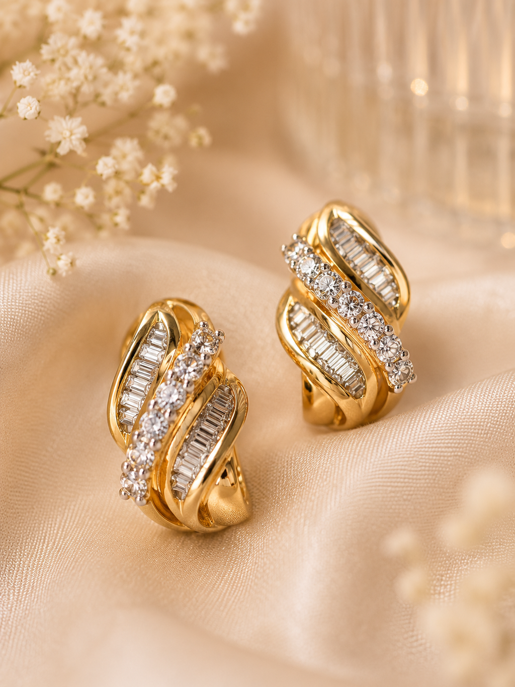 9ct Gold Diamond Style Wave Earrings