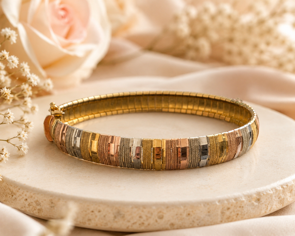 Vintage Italian Tri-Colour Sterling Silver Snake Link Bracelet – Rose, Yellow & White Gold Finish – 8"