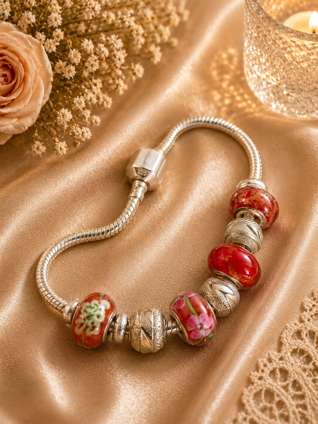 Sterling Silver Pandora Style Charm Bracelet