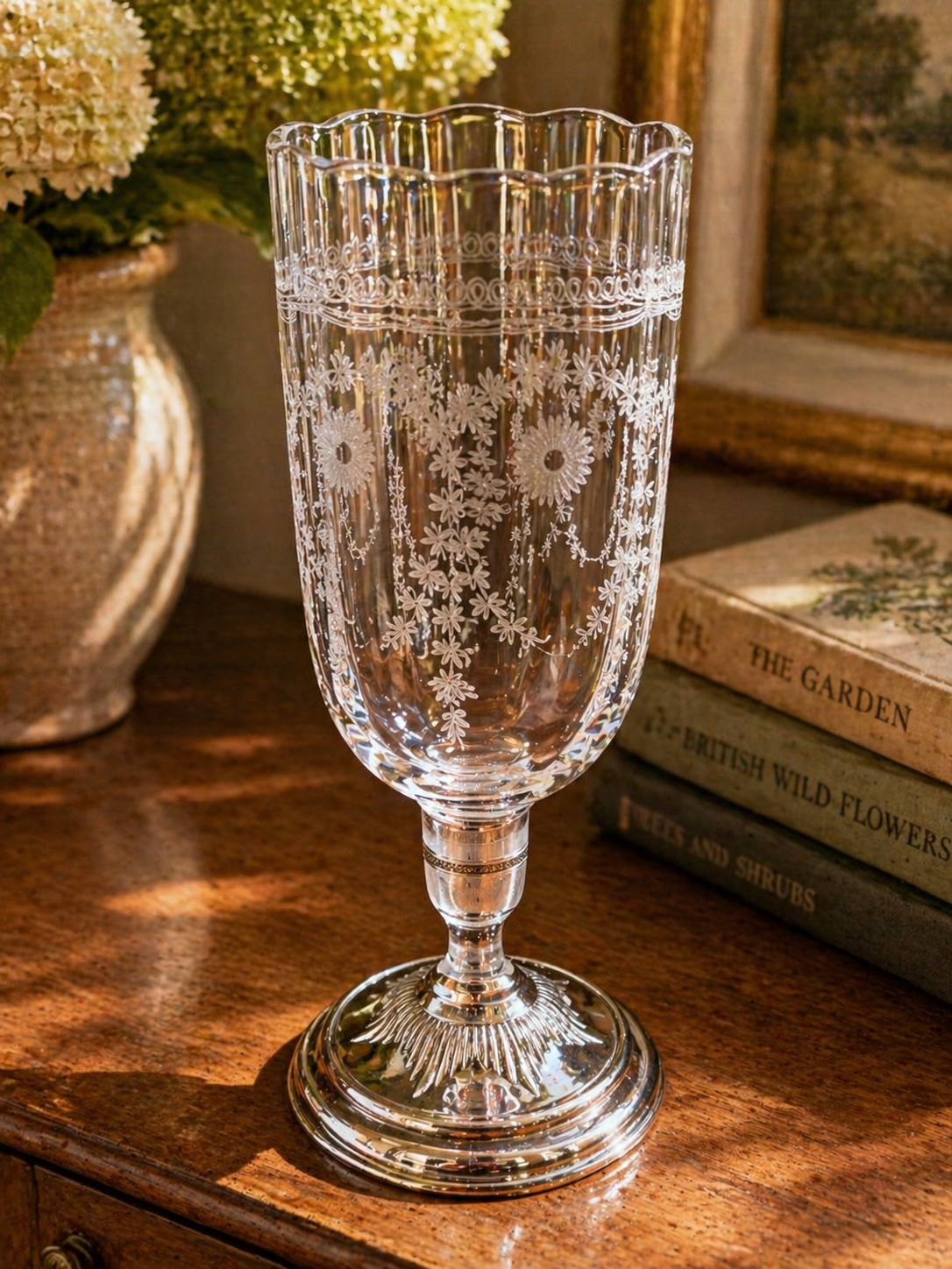 Vintage Etched Crystal Pedestal Vase