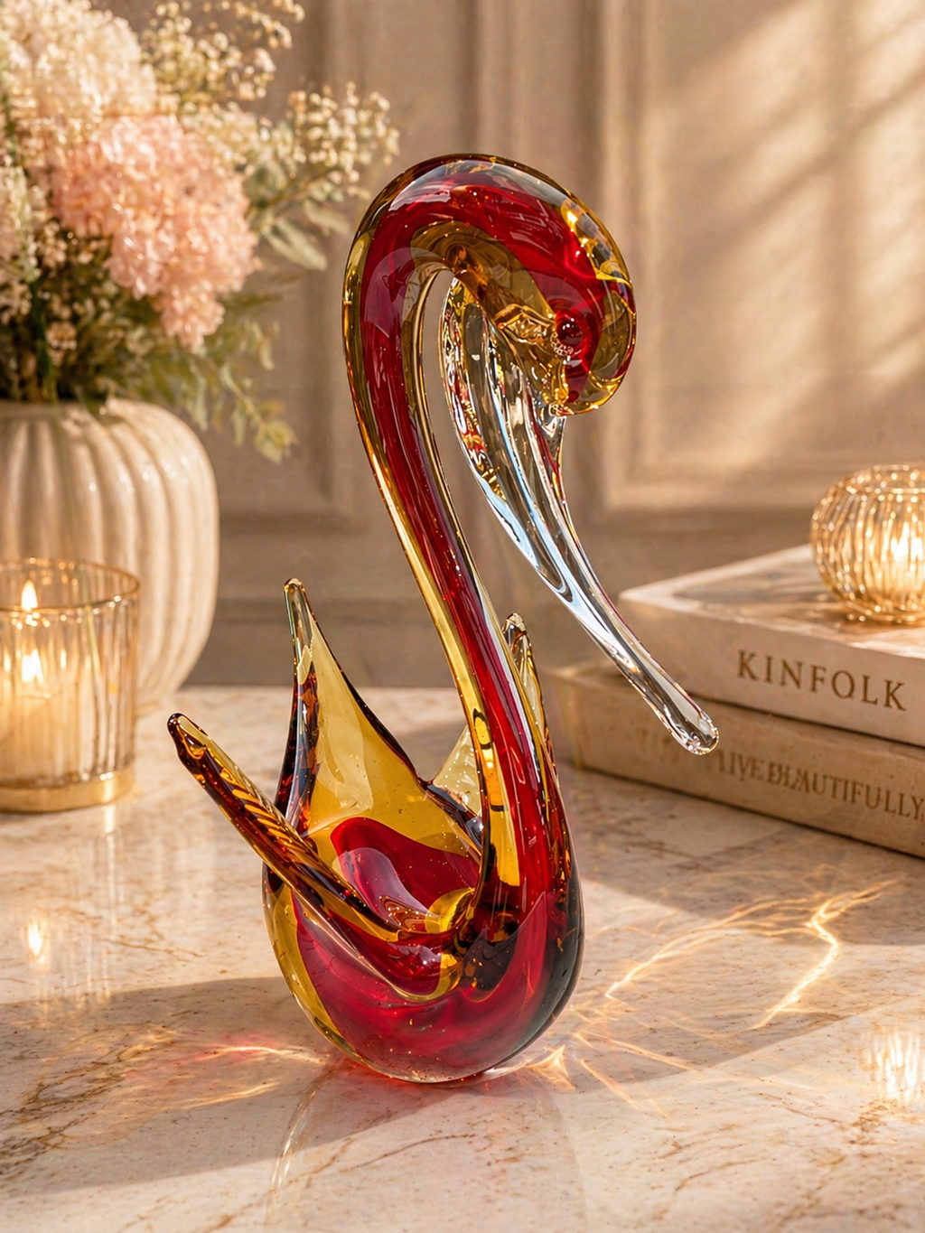 Red and Amber Art Glass Swan Figurine