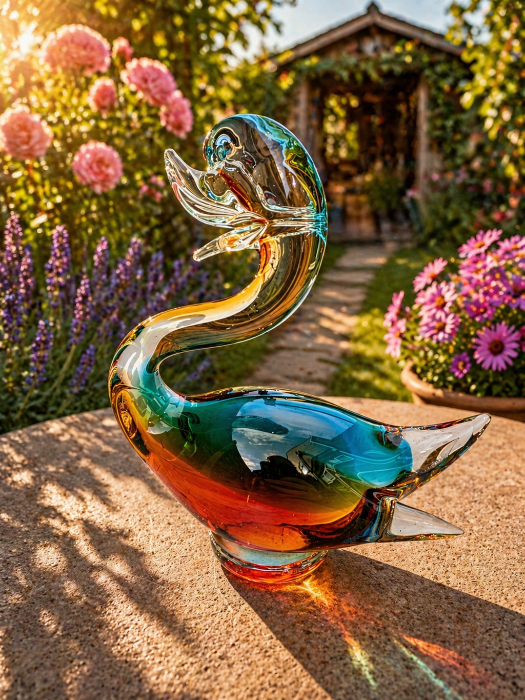 Murano Turquoise and Amber Art Glass Duck Figurine