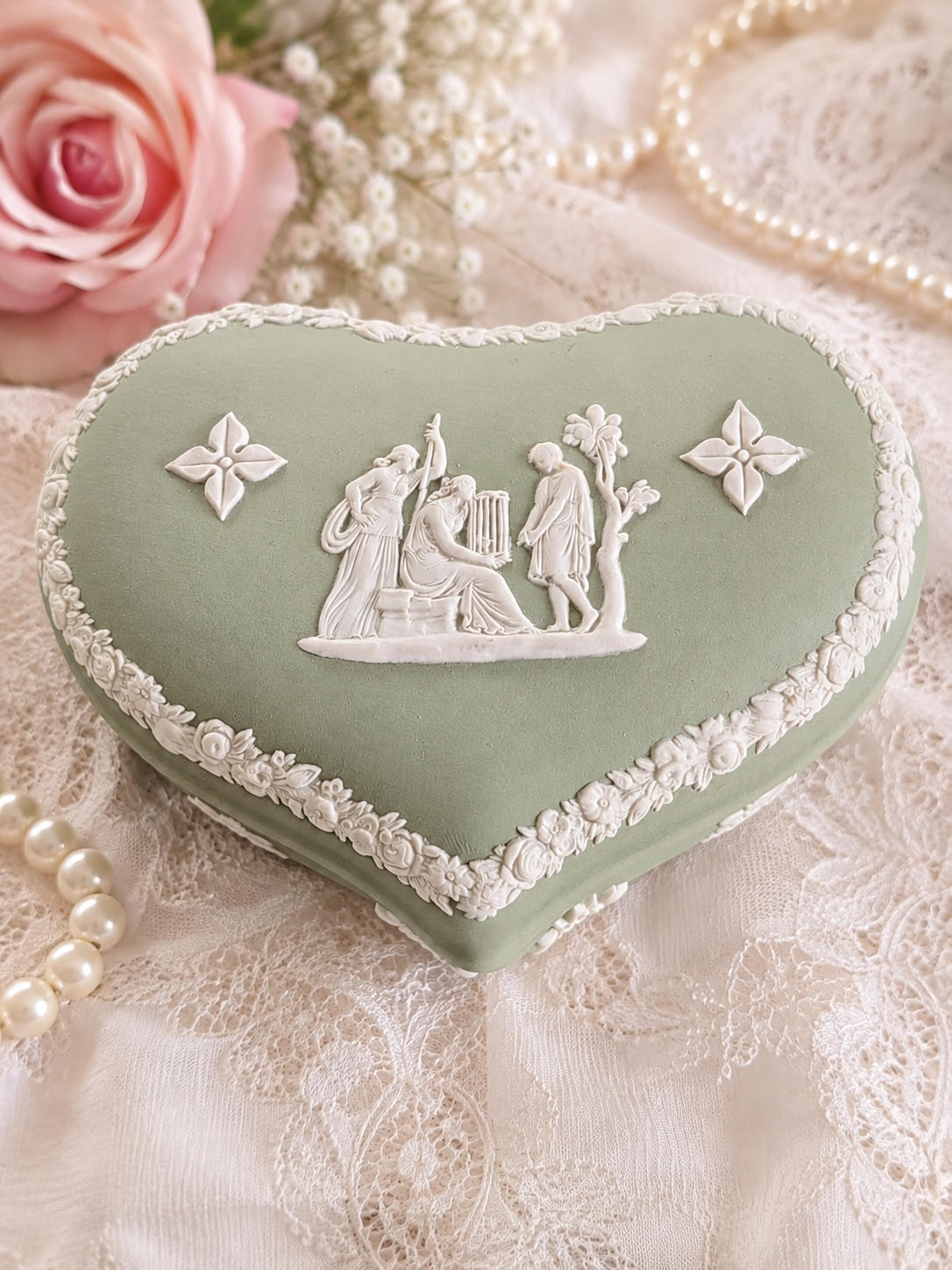 Wedgwood Jasperware Green Heart shaped Lidded trinket