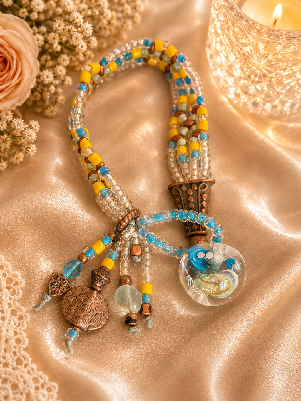 Artisan Glass Beaded Bracelet Yellow and Blue