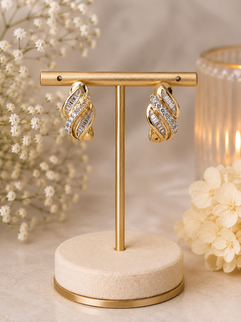 9ct Gold Diamond Style Wave Earrings
