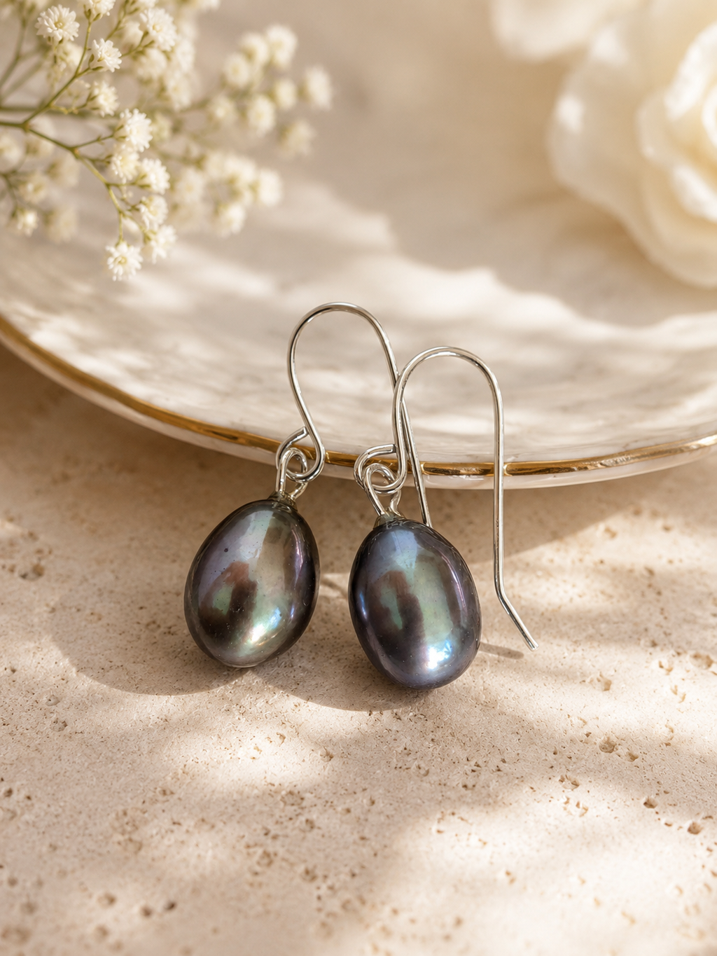 925 Silver Black Pearl Drop Earrings