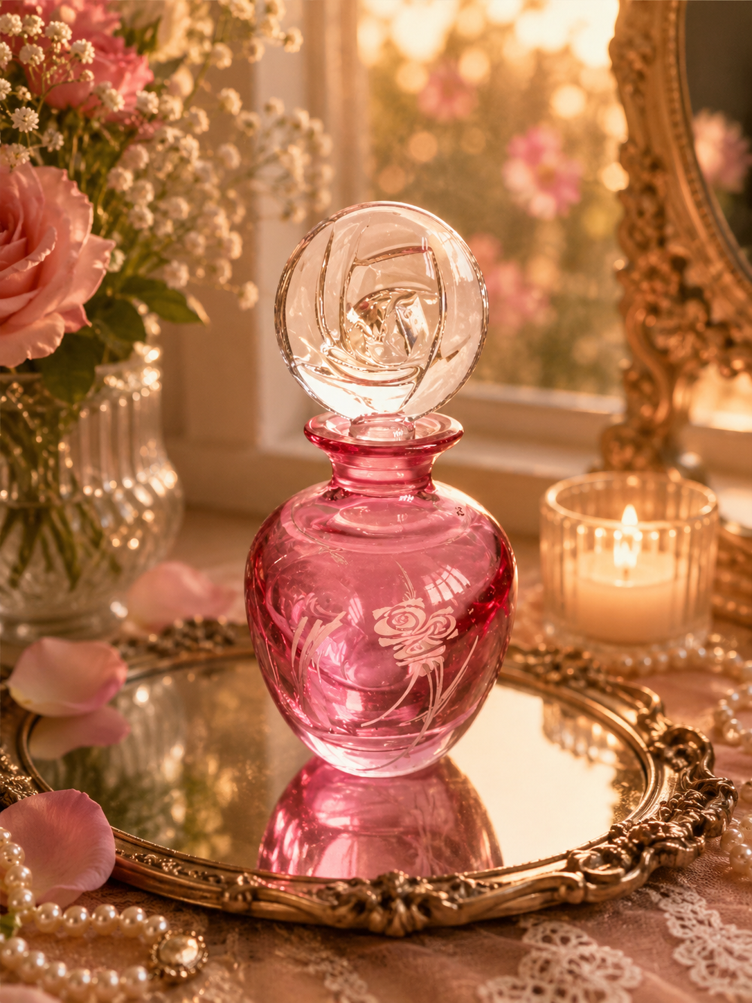 Rennie Mackintosh Style Pink Glass Perfume Bottle Floral Art Glass