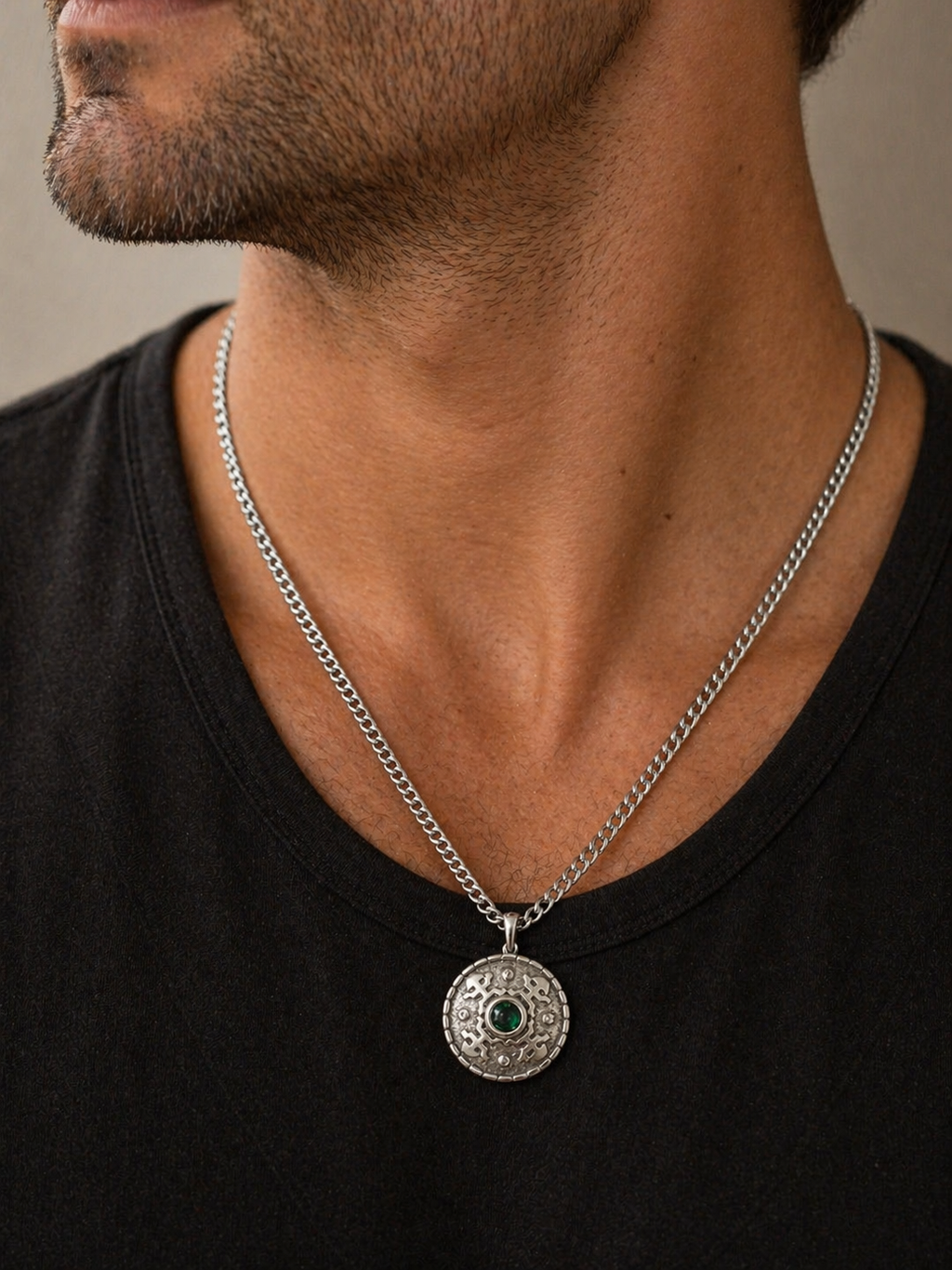Unisex Sterling Silver Diopside Stone Pendant Necklace