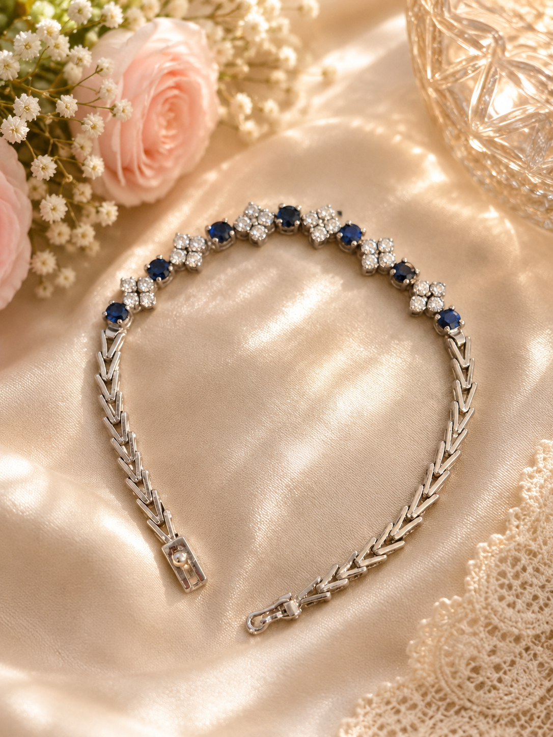 925 Sterling Silver Sapphire and Cubic Zirconia Tennis Bracelet