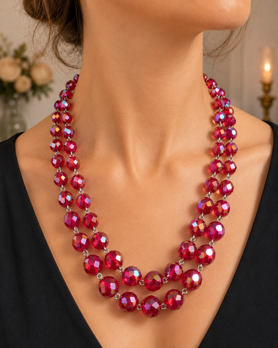 Ruby Red Aurora Borealis Faceted Glass Bead Necklace