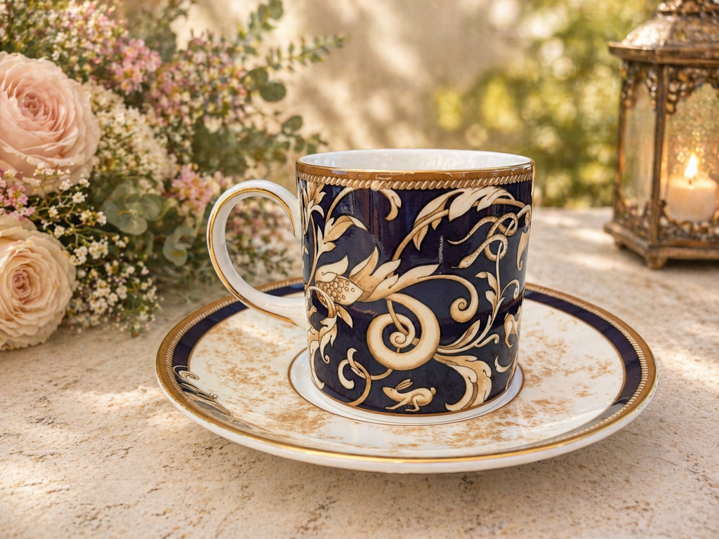 Wedgwood Cornucopia Navy and Gilt Decorative Coffee Cup and Saucer