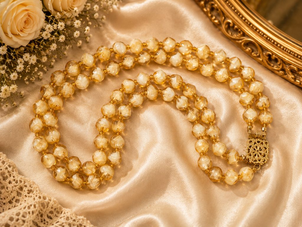 Cream Marbled Double Strand Bead Necklace