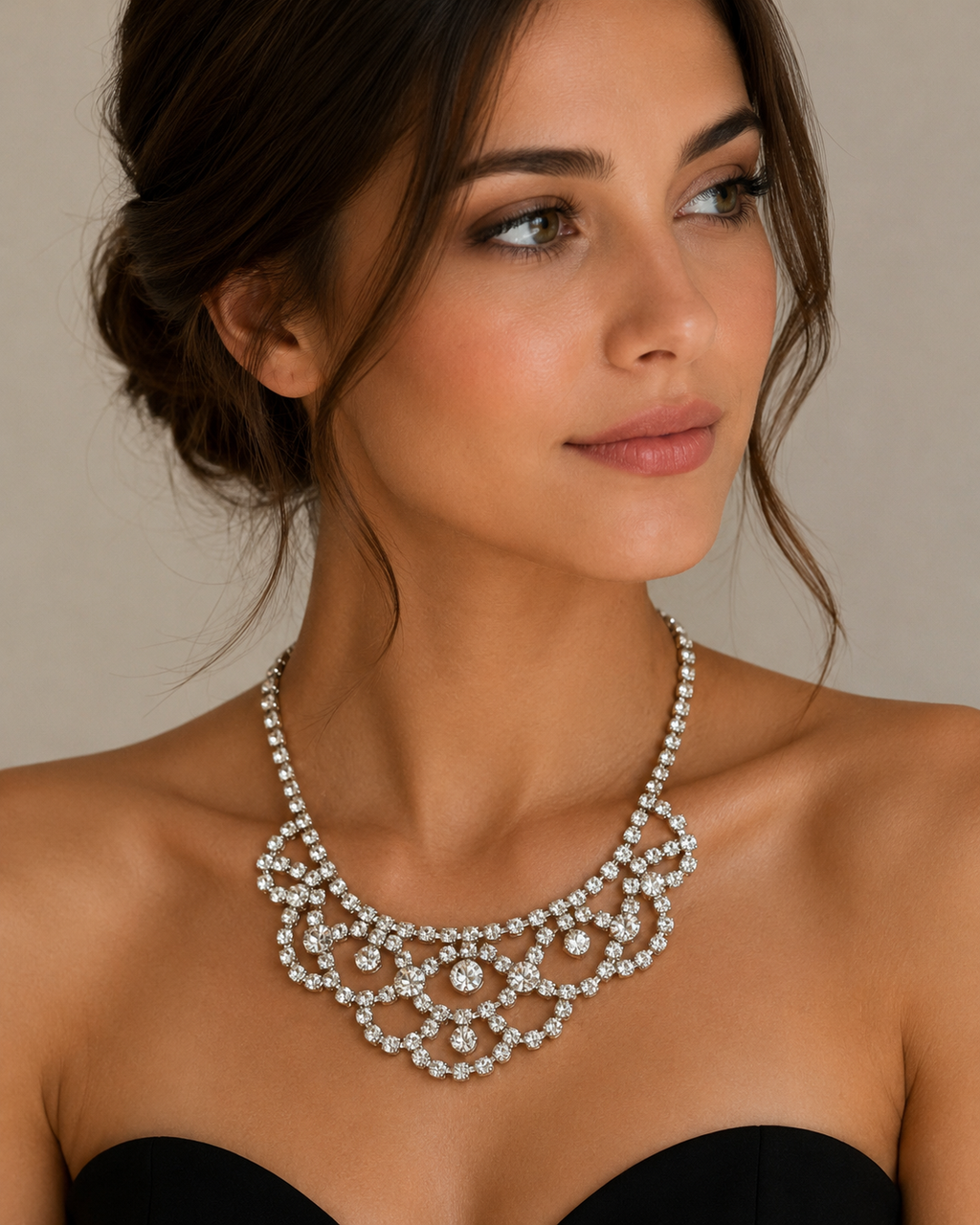 Silver Tone Rhinestone Bib Necklace