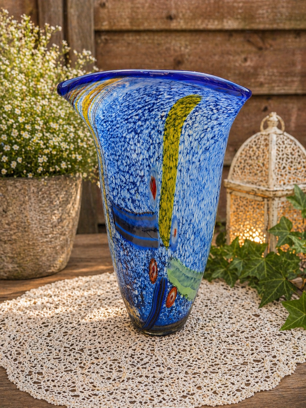 Murano Style Large Blue Speckled Art Glass Vase