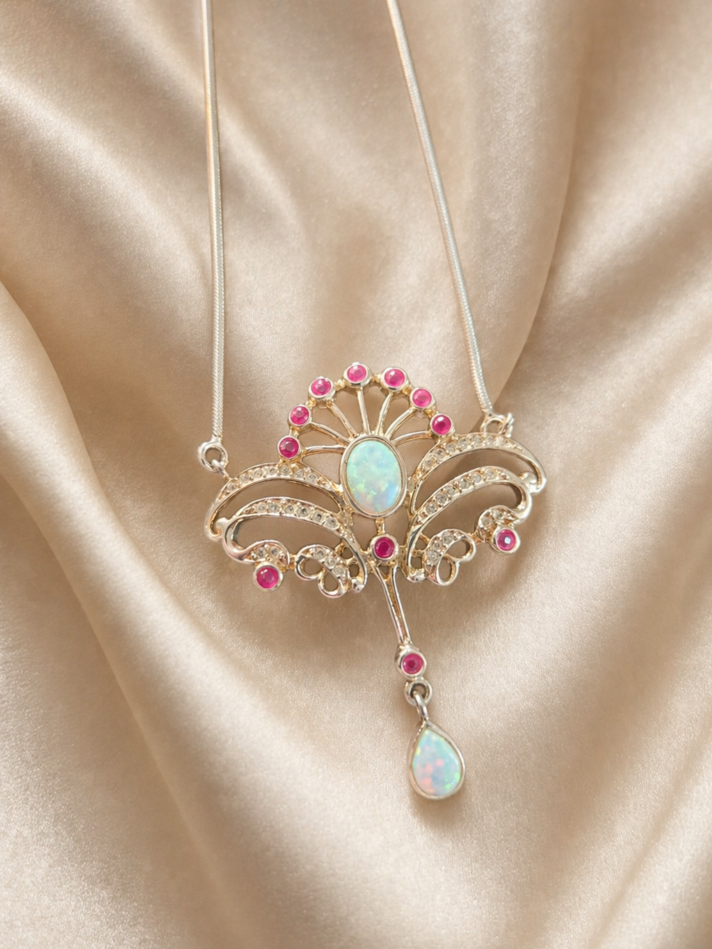 Art Nouveau Style Sterling Silver Opal and Ruby Style Statement Necklace