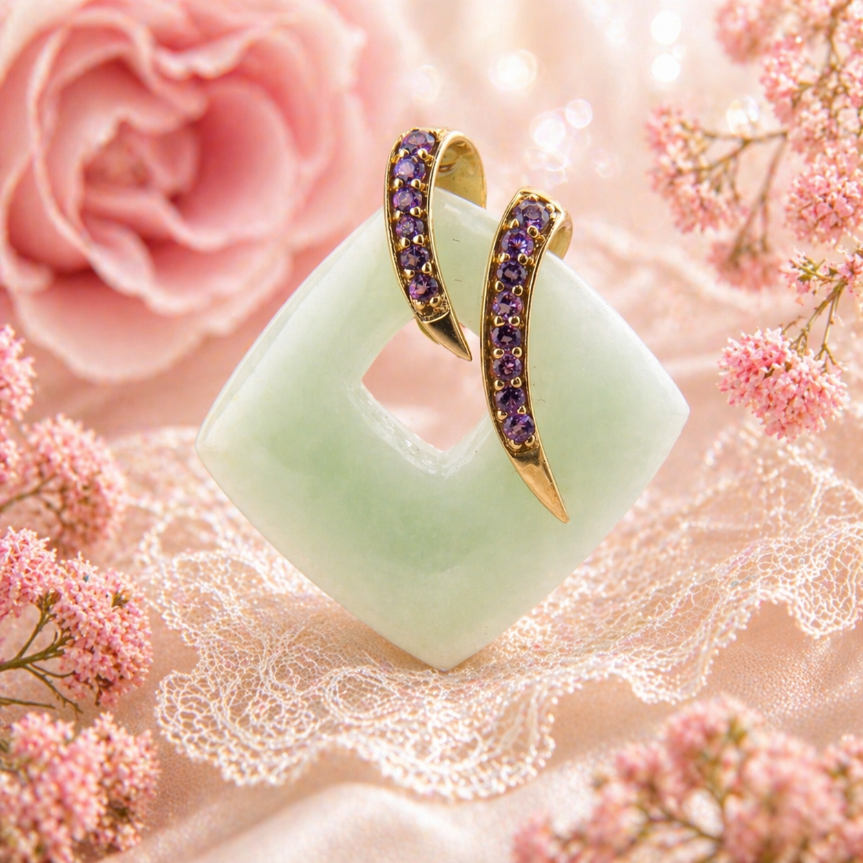 9ct Gold Jade Pendant with Amethyst Accents