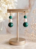 9ct Gold Malachite & Faux Pearl Drop Earrings