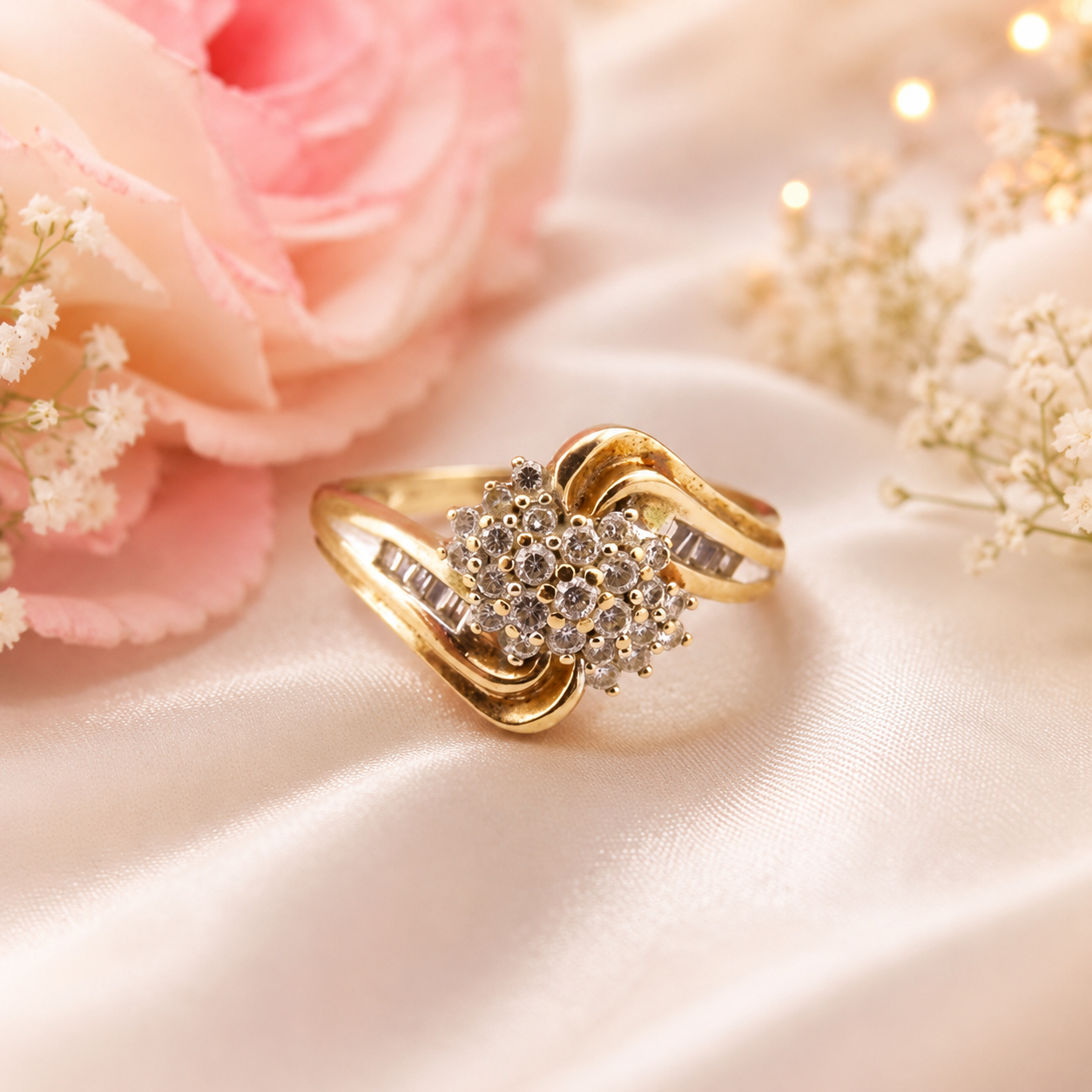 9ct Gold Diamond Cluster Ring – Diamond Set Shoulders – Size P