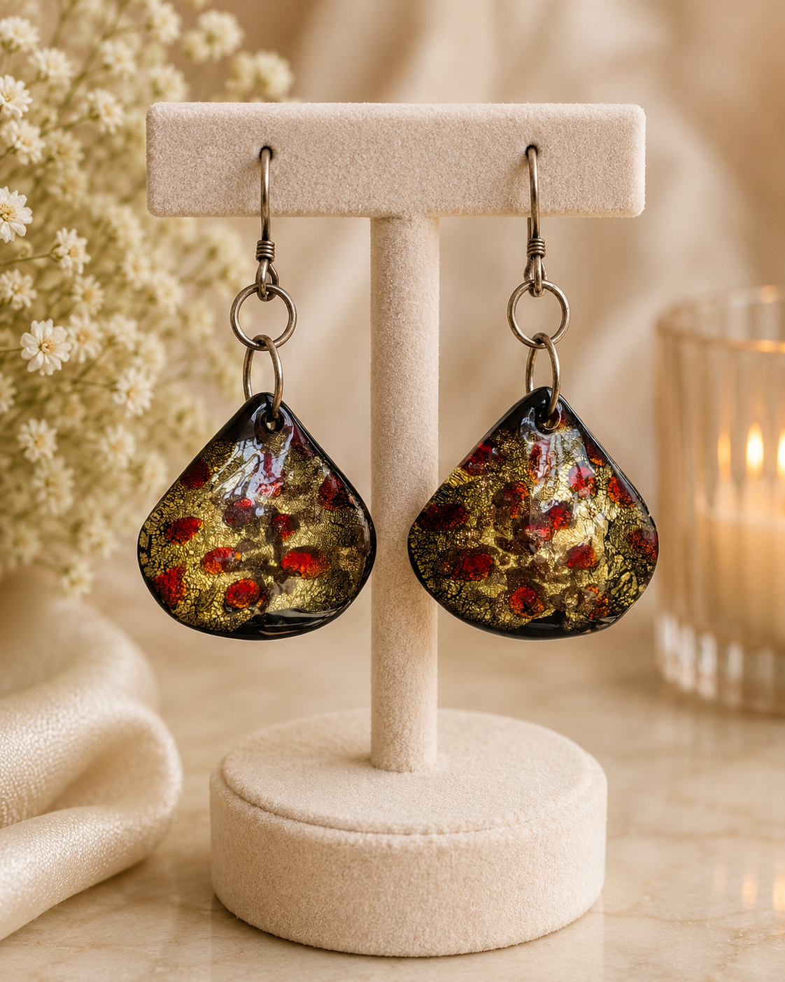 925 Silver Murano Red Gold Glass Teardrop Earrings