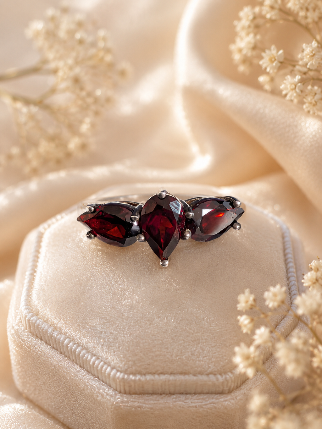Sterling Silver Garnet Three Stone Ring Size N