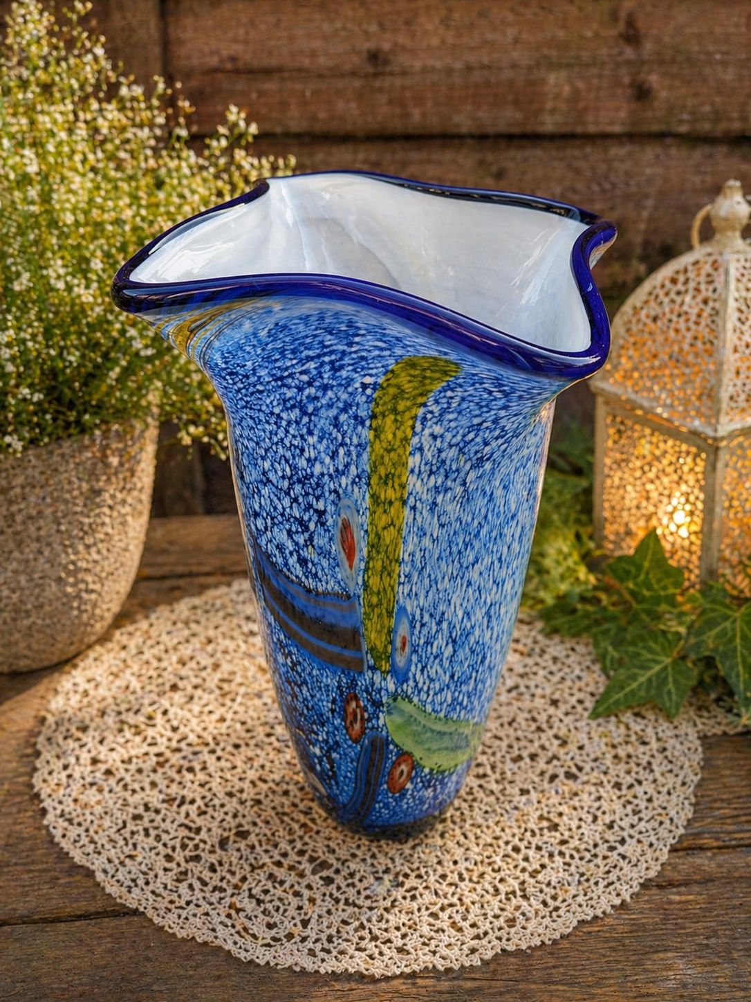 Murano Style Large Blue Speckled Art Glass Vase