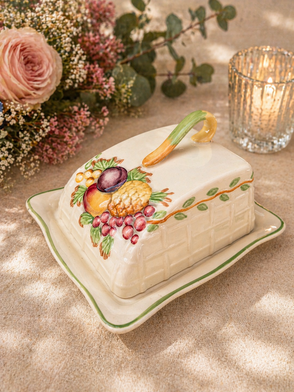 Vintage Fruit Design Ceramic Butter Dish