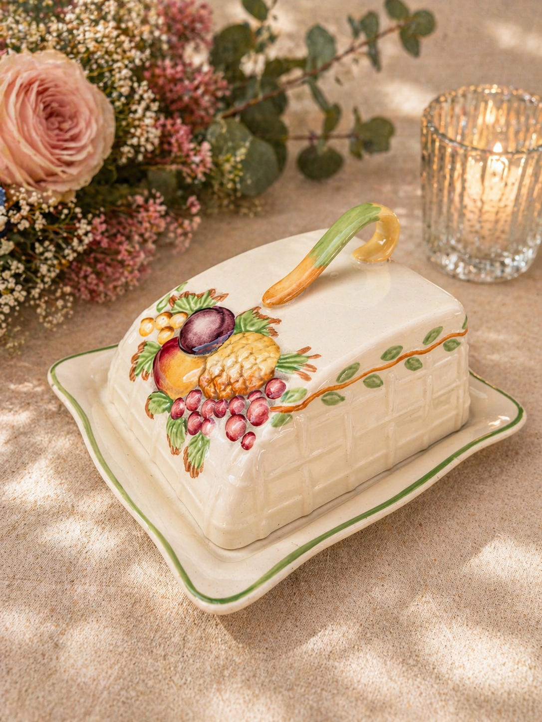 Vintage Fruit Design Ceramic Butter Dish