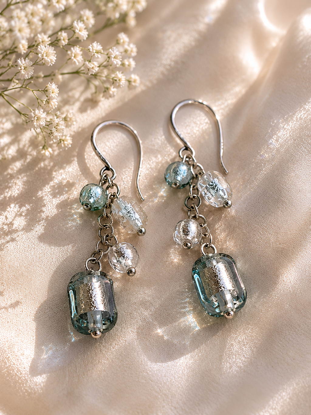 925 Silver Murano Blue Glass Bead Charm Drop Earrings
