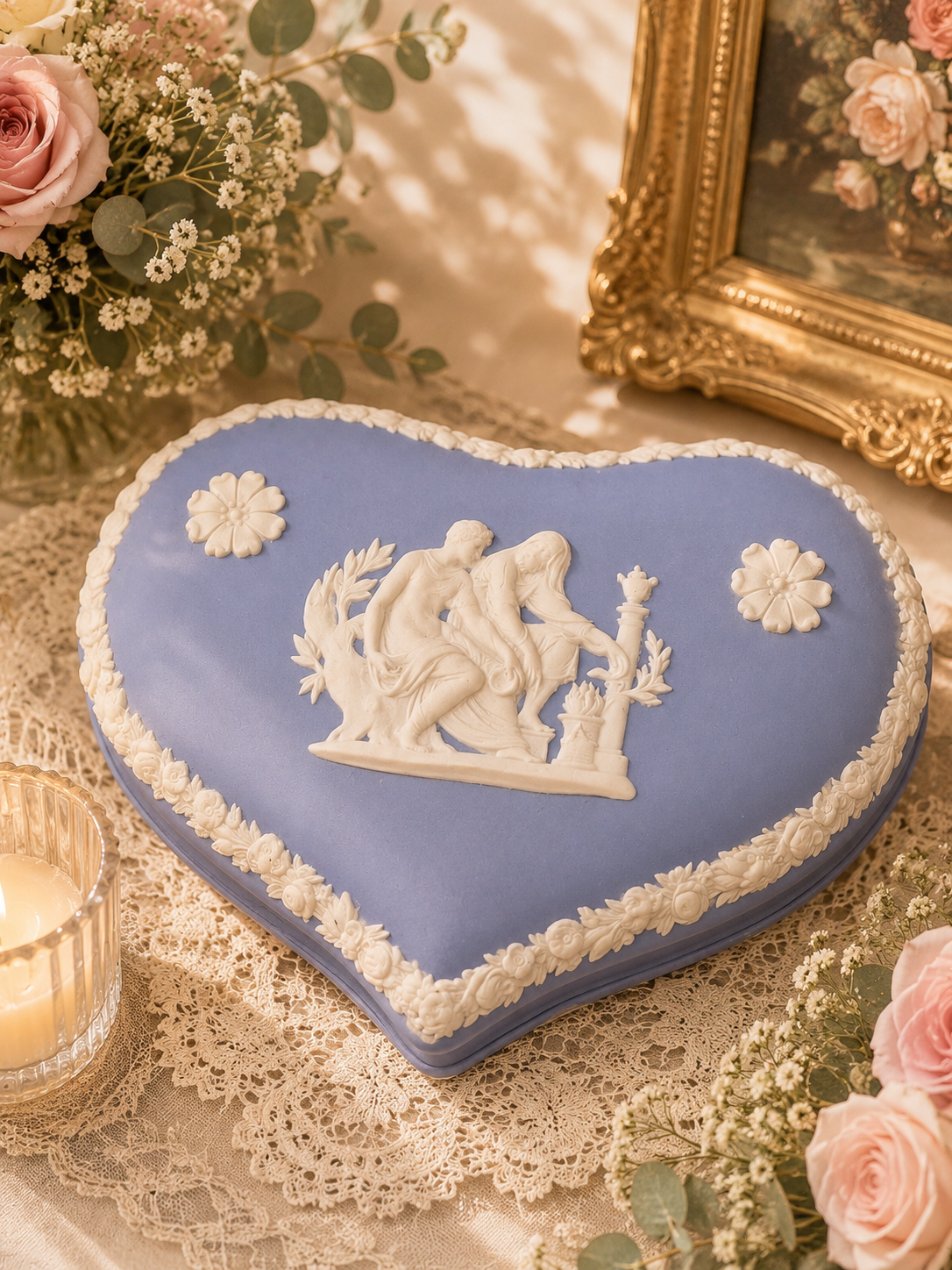 Vintage Wedgwood Blue Jasperware Heart Lidded Trinket Box