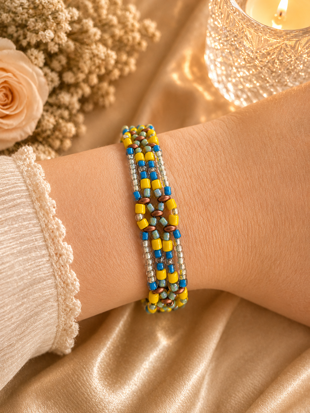 Artisan Glass Beaded Bracelet Yellow and Blue