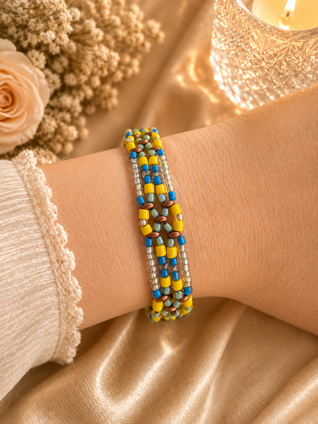 Artisan Glass Beaded Bracelet Yellow and Blue
