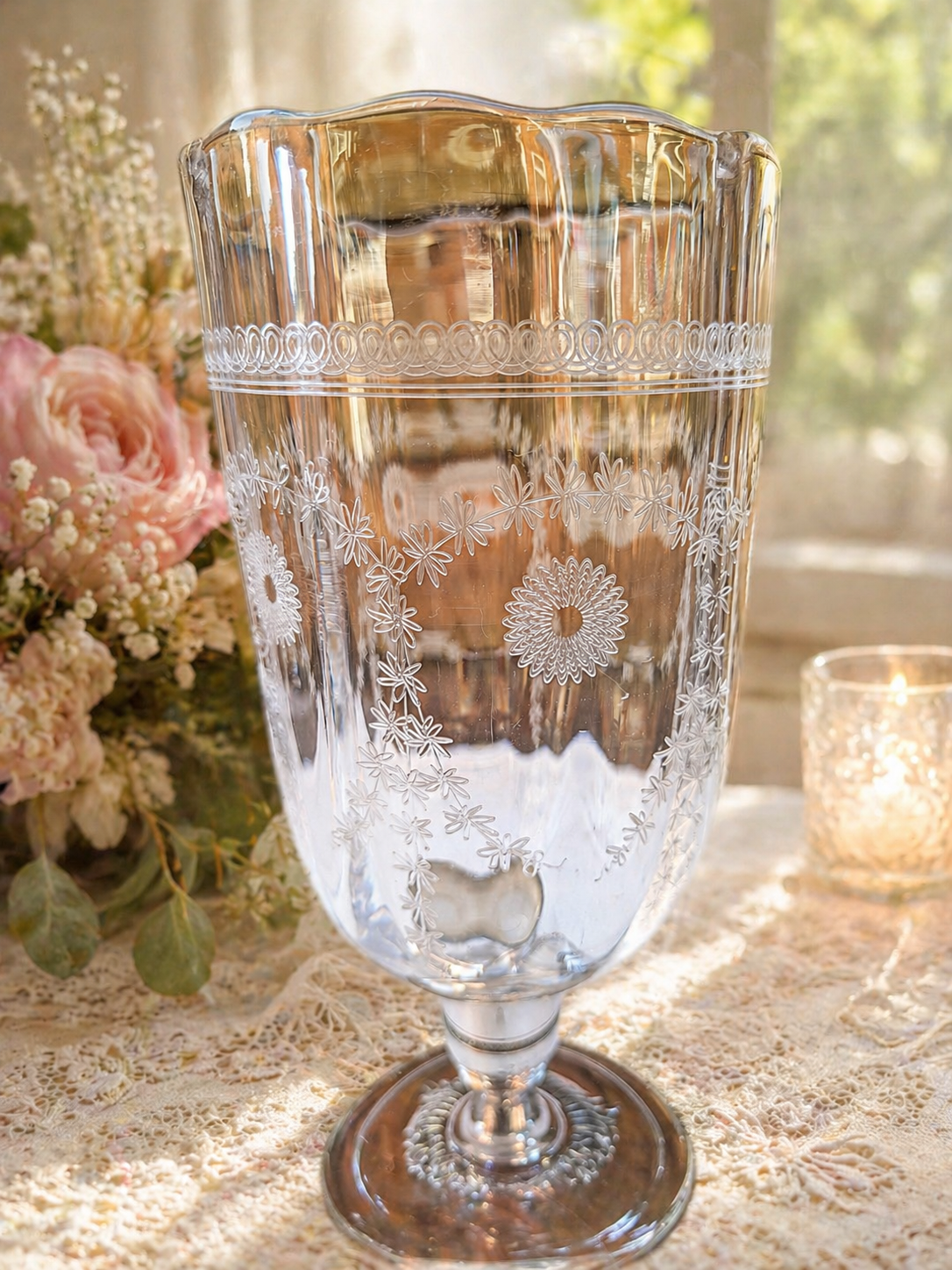 Vintage Etched Crystal Pedestal Vase