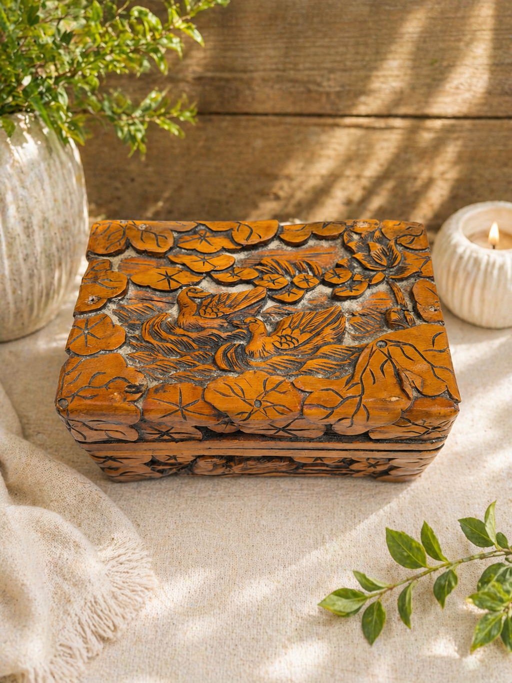 Vintage Oriental Carved Wooden Trinket Jewellery Box