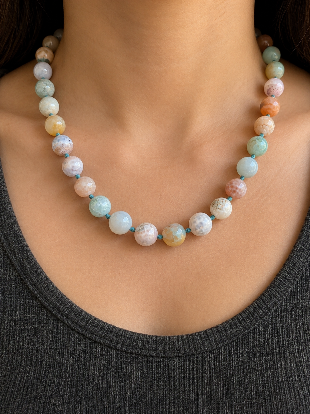 Pastel Agate Beaded Necklace with Silver Clasp