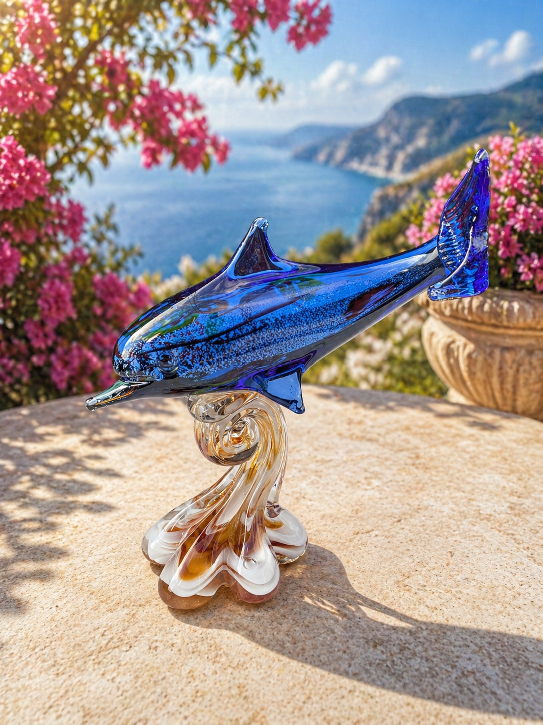 Clear and Blue Glass Leaping Dolphin Figurine