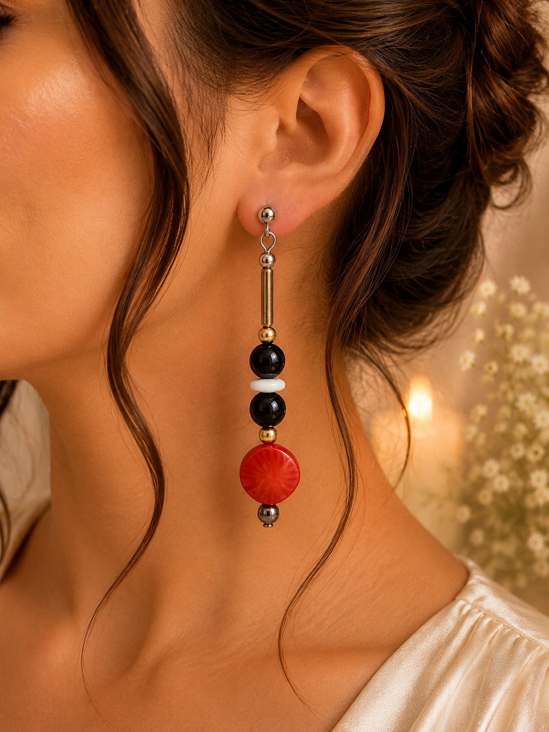 925 Silver Red Black and Gold Bead Drop Earrings