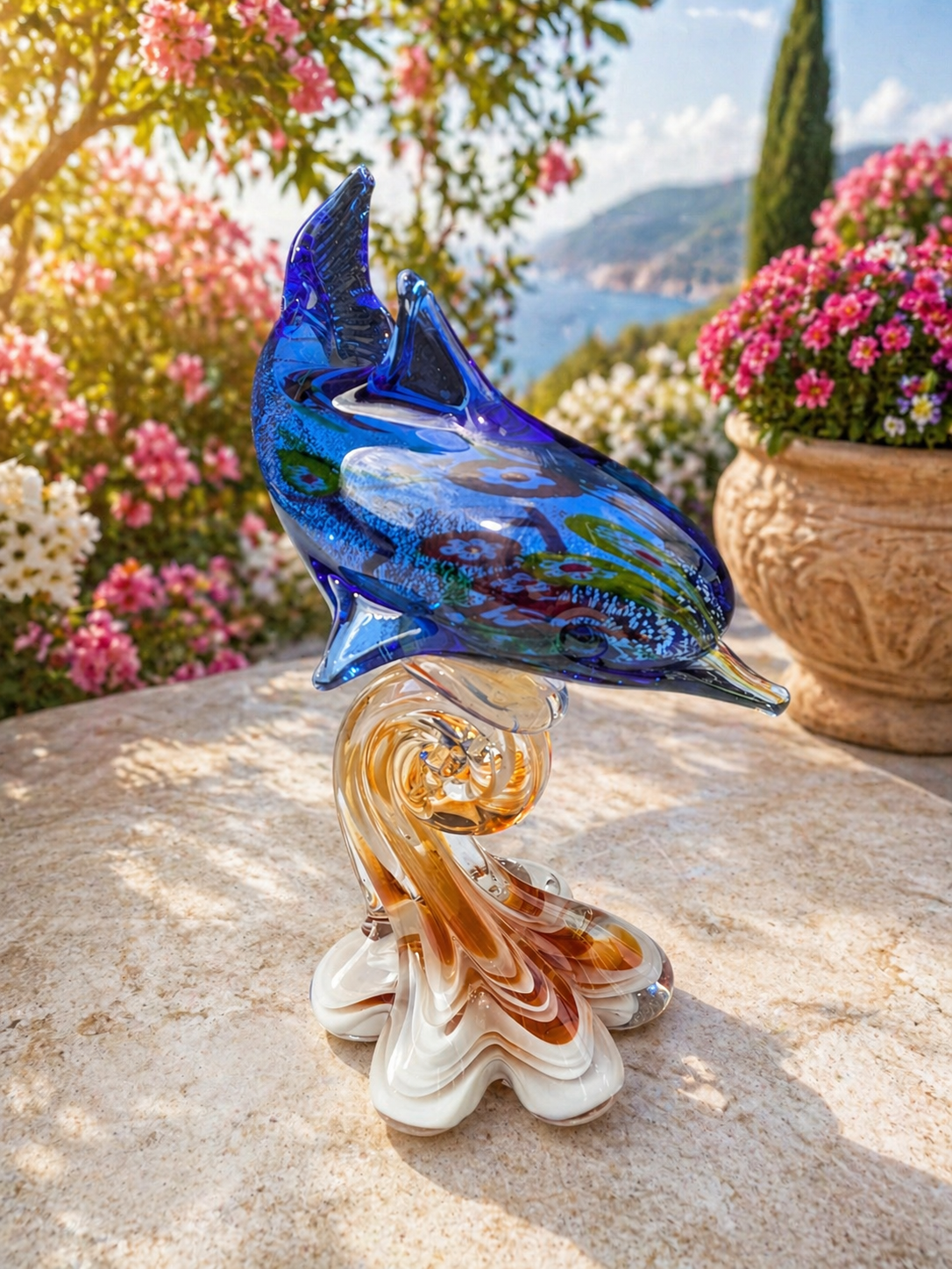Clear and Blue Glass Leaping Dolphin Figurine